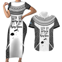 Custom Fiji Tapa Rugby Couples Matching Short Sleeve Bodycon Dress and Hawaiian Shirt Flying Fijian Black And White Version