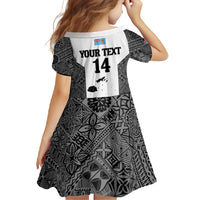 Custom Fiji Tapa Rugby Family Matching Short Sleeve Bodycon Dress and Hawaiian Shirt Flying Fijian Black And White Version