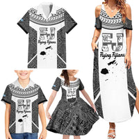 Custom Fiji Tapa Rugby Family Matching Summer Maxi Dress and Hawaiian Shirt Flying Fijian Black And White Version