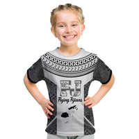 Custom Fiji Tapa Rugby Kid T Shirt Flying Fijian Black And White Version LT14 Black - Polynesian Pride