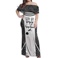 Custom Fiji Tapa Rugby Off Shoulder Maxi Dress Flying Fijian Black And White Version