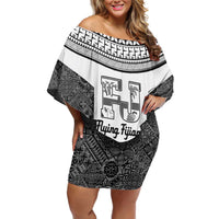Custom Fiji Tapa Rugby Off Shoulder Short Dress Flying Fijian Black And White Version