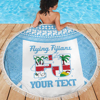 Custom Fiji Tapa Rugby Beach Blanket Flying Fijian Blue And White Version