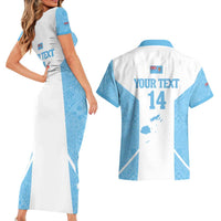 Custom Fiji Tapa Rugby Couples Matching Short Sleeve Bodycon Dress and Hawaiian Shirt Flying Fijian Blue And White Version