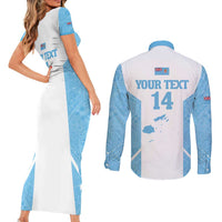 Custom Fiji Tapa Rugby Couples Matching Short Sleeve Bodycon Dress and Long Sleeve Button Shirt Flying Fijian Blue And White Version