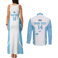 Custom Fiji Tapa Rugby Couples Matching Tank Maxi Dress and Long Sleeve Button Shirt Flying Fijian Blue And White Version