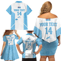 Custom Fiji Tapa Rugby Family Matching Off Shoulder Short Dress and Hawaiian Shirt Flying Fijian Blue And White Version
