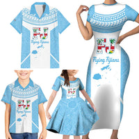 Custom Fiji Tapa Rugby Family Matching Short Sleeve Bodycon Dress and Hawaiian Shirt Flying Fijian Blue And White Version