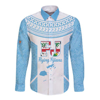 Custom Fiji Tapa Rugby Long Sleeve Button Shirt Flying Fijian Blue And White Version