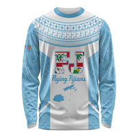Custom Fiji Tapa Rugby Long Sleeve Shirt Flying Fijian Blue And White Version