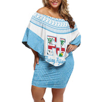 Custom Fiji Tapa Rugby Off Shoulder Short Dress Flying Fijian Blue And White Version LT14 Women Blue - Polynesian Pride