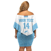 Custom Fiji Tapa Rugby Off Shoulder Short Dress Flying Fijian Blue And White Version LT14 - Polynesian Pride