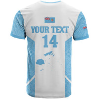 Custom Fiji Tapa Rugby T Shirt Flying Fijian Blue And White Version