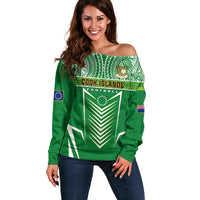 Cook Islands Football Off Shoulder Sweater Go Kuki Airani Polynesian Sporty Style LT14 Women Green - Polynesian Pride