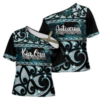 Kia Ora New Zealand Cross Shoulder Shirt Aotearoa Proud Maori Paua Shell Silver Fern - Polynesian Pride
