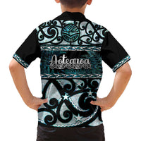 Kia Ora New Zealand Family Matching Off Shoulder Short Dress and Hawaiian Shirt Aotearoa Proud Maori Paua Shell Silver Fern - Polynesian Pride