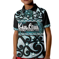 Kia Ora New Zealand Kid Polo Shirt Aotearoa Proud Maori Paua Shell Silver Fern LT14 Kid Black - Polynesian Pride
