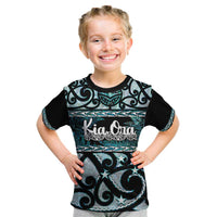 Kia Ora New Zealand Kid T Shirt Aotearoa Proud Maori Paua Shell Silver Fern LT14 Black - Polynesian Pride