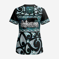 Kia Ora New Zealand Scrub Top Aotearoa Proud Maori Paua Shell Silver Fern - Polynesian Pride