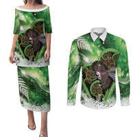 Piwakawaka New Zealand Christmas In July Couples Matching Puletasi and Long Sleeve Button Shirt NZ Aroha Koru Fern Marble Vibes LT14 Green - Polynesian Pride