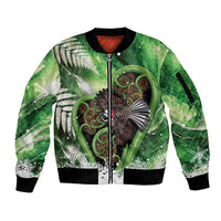 Piwakawaka New Zealand Christmas In July Sleeve Zip Bomber Jacket NZ Aroha Koru Fern Marble Vibes LT14 Unisex Green - Polynesian Pride