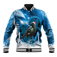 Tui Bird New Zealand Christmas In July Baseball Jacket NZ Aroha Koru Fern Marble Vibes LT14 Unisex Blue - Polynesian Pride