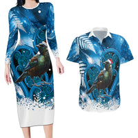 Tui Bird New Zealand Christmas In July Couples Matching Long Sleeve Bodycon Dress and Hawaiian Shirt NZ Aroha Koru Fern Marble Vibes LT14 Blue - Polynesian Pride