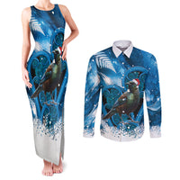 Tui Bird New Zealand Christmas In July Couples Matching Tank Maxi Dress and Long Sleeve Button Shirt NZ Aroha Koru Fern Marble Vibes LT14 Blue - Polynesian Pride