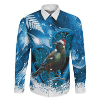 Tui Bird New Zealand Christmas In July Family Matching Summer Maxi Dress and Hawaiian Shirt NZ Aroha Koru Fern Marble Vibes LT14 Dad's Shirt - Long Sleeve Blue - Polynesian Pride