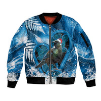 Tui Bird New Zealand Christmas In July Sleeve Zip Bomber Jacket NZ Aroha Koru Fern Marble Vibes LT14 Unisex Blue - Polynesian Pride