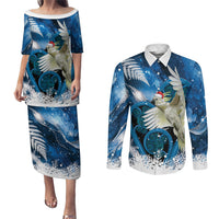 Sulphur-crested Cockatoo New Zealand Christmas In July Couples Matching Puletasi and Long Sleeve Button Shirt NZ Aroha Koru Fern Marble Vibes LT14 Blue - Polynesian Pride