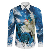 Sulphur-crested Cockatoo New Zealand Christmas In July Family Matching Puletasi and Hawaiian Shirt NZ Aroha Koru Fern Marble Vibes LT14 Dad's Shirt - Long Sleeve Blue - Polynesian Pride