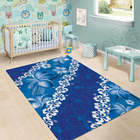 Vintage Blue Polynesia Area Rug Plumeria With Hibiscus Tropical Vibes