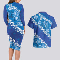 Vintage Blue Polynesia Couples Matching Long Sleeve Bodycon Dress and Hawaiian Shirt Plumeria With Hibiscus Tropical Vibes LT14 - Polynesian Pride