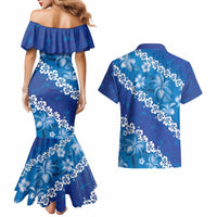 Vintage Blue Polynesia Couples Matching Mermaid Dress and Hawaiian Shirt Plumeria With Hibiscus Tropical Vibes