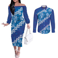 Vintage Blue Polynesia Couples Matching Off The Shoulder Long Sleeve Dress and Long Sleeve Button Shirt Plumeria With Hibiscus Tropical Vibes LT14 Blue - Polynesian Pride