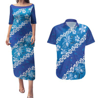 Vintage Blue Polynesia Couples Matching Puletasi and Hawaiian Shirt Plumeria With Hibiscus Tropical Vibes LT14 Blue - Polynesian Pride