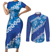 Vintage Blue Polynesia Couples Matching Short Sleeve Bodycon Dress and Long Sleeve Button Shirt Plumeria With Hibiscus Tropical Vibes LT14 Blue - Polynesian Pride
