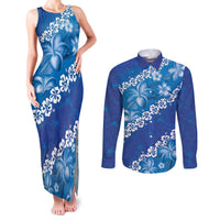 Vintage Blue Polynesia Couples Matching Tank Maxi Dress and Long Sleeve Button Shirt Plumeria With Hibiscus Tropical Vibes LT14 Blue - Polynesian Pride