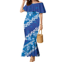 Vintage Blue Polynesia Family Matching Mermaid Dress and Hawaiian Shirt Plumeria With Hibiscus Tropical Vibes LT14 Mom's Dress Blue - Polynesian Pride