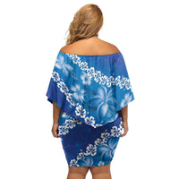 Vintage Blue Polynesia Family Matching Off Shoulder Short Dress and Hawaiian Shirt Plumeria With Hibiscus Tropical Vibes
