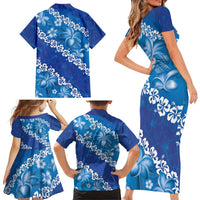 Vintage Blue Polynesia Family Matching Short Sleeve Bodycon Dress and Hawaiian Shirt Plumeria With Hibiscus Tropical Vibes LT14 - Polynesian Pride