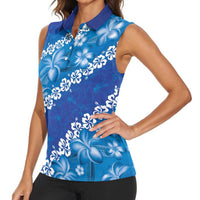 Vintage Blue Polynesia Women Sleeveless Polo Shirt Plumeria With Hibiscus Tropical Vibes LT14 - Polynesian Pride