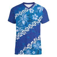 Vintage Blue Polynesia Women V-Neck T-Shirt Plumeria With Hibiscus Tropical Vibes LT14 Female Blue - Polynesian Pride