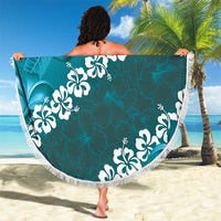 Vintage Dark Cyan Polynesia Beach Blanket Plumeria With Hibiscus Tropical Vibes