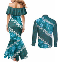 Vintage Dark Cyan Polynesia Couples Matching Mermaid Dress and Long Sleeve Button Shirt Plumeria With Hibiscus Tropical Vibes LT14 - Polynesian Pride