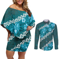 Vintage Dark Cyan Polynesia Couples Matching Off Shoulder Short Dress and Long Sleeve Button Shirt Plumeria With Hibiscus Tropical Vibes LT14 Dark Cyan - Polynesian Pride