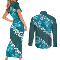 Vintage Dark Cyan Polynesia Couples Matching Short Sleeve Bodycon Dress and Long Sleeve Button Shirt Plumeria With Hibiscus Tropical Vibes LT14 - Polynesian Pride