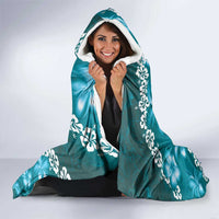 Vintage Dark Cyan Polynesia Hooded Blanket Plumeria With Hibiscus Tropical Vibes