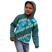 Vintage Dark Cyan Polynesia Kid Hoodie Plumeria With Hibiscus Tropical Vibes